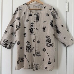 Hot Cotton‎ by Marc Ware Linen Blend African Print Button Up Tunic Top Size M
